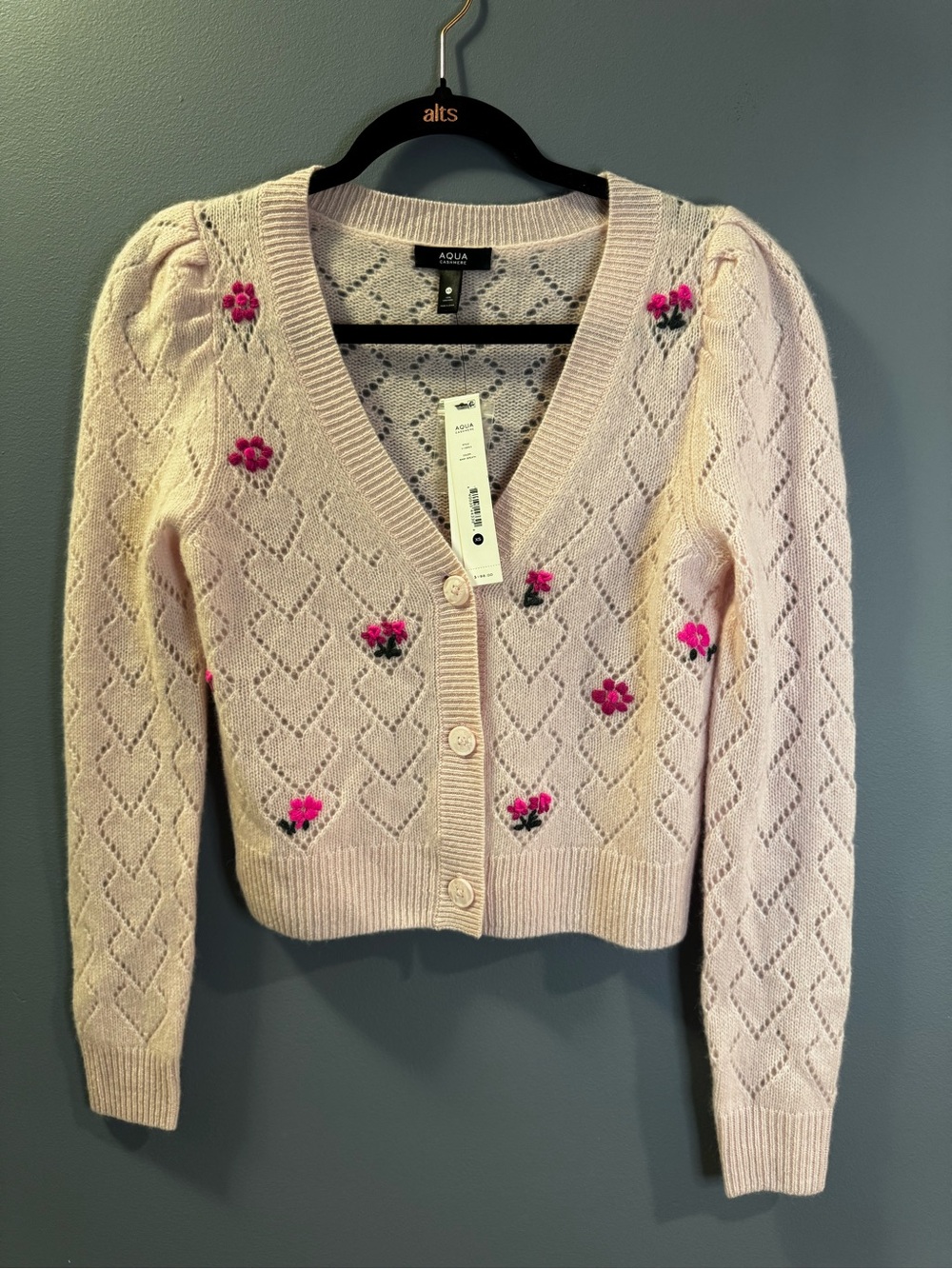 Aqua Pink Floral Crochet Cashmere Heart V-Neck Cardigan Sweater